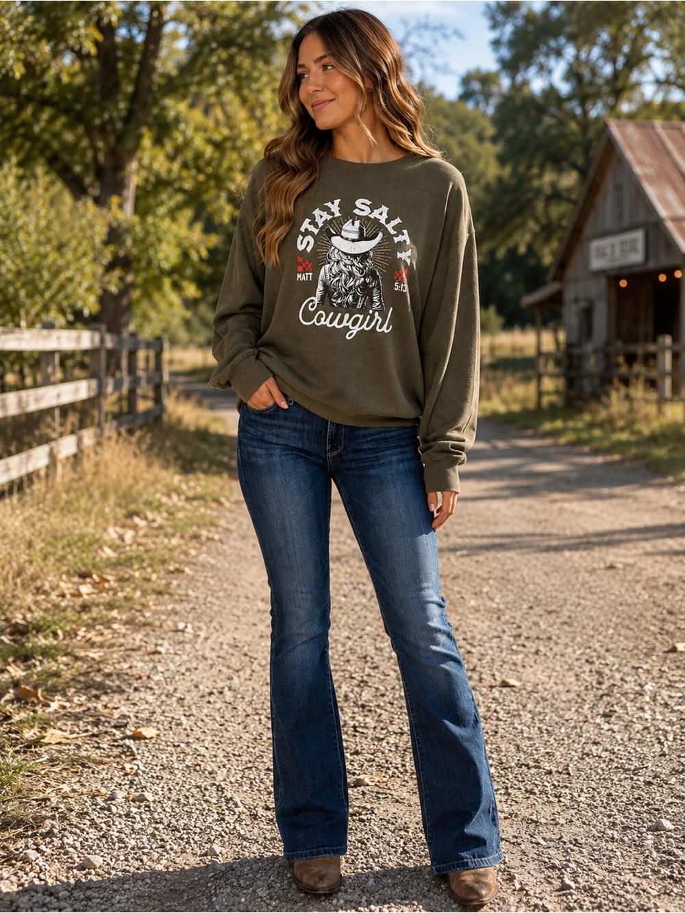 Love In Faith Stay Salty Cowgirl Sweatshirt Large Olive Green Christian Western